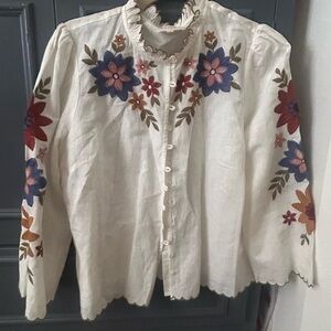 Sezane Floral Embroidered Blouse - Cream, Red, Blue